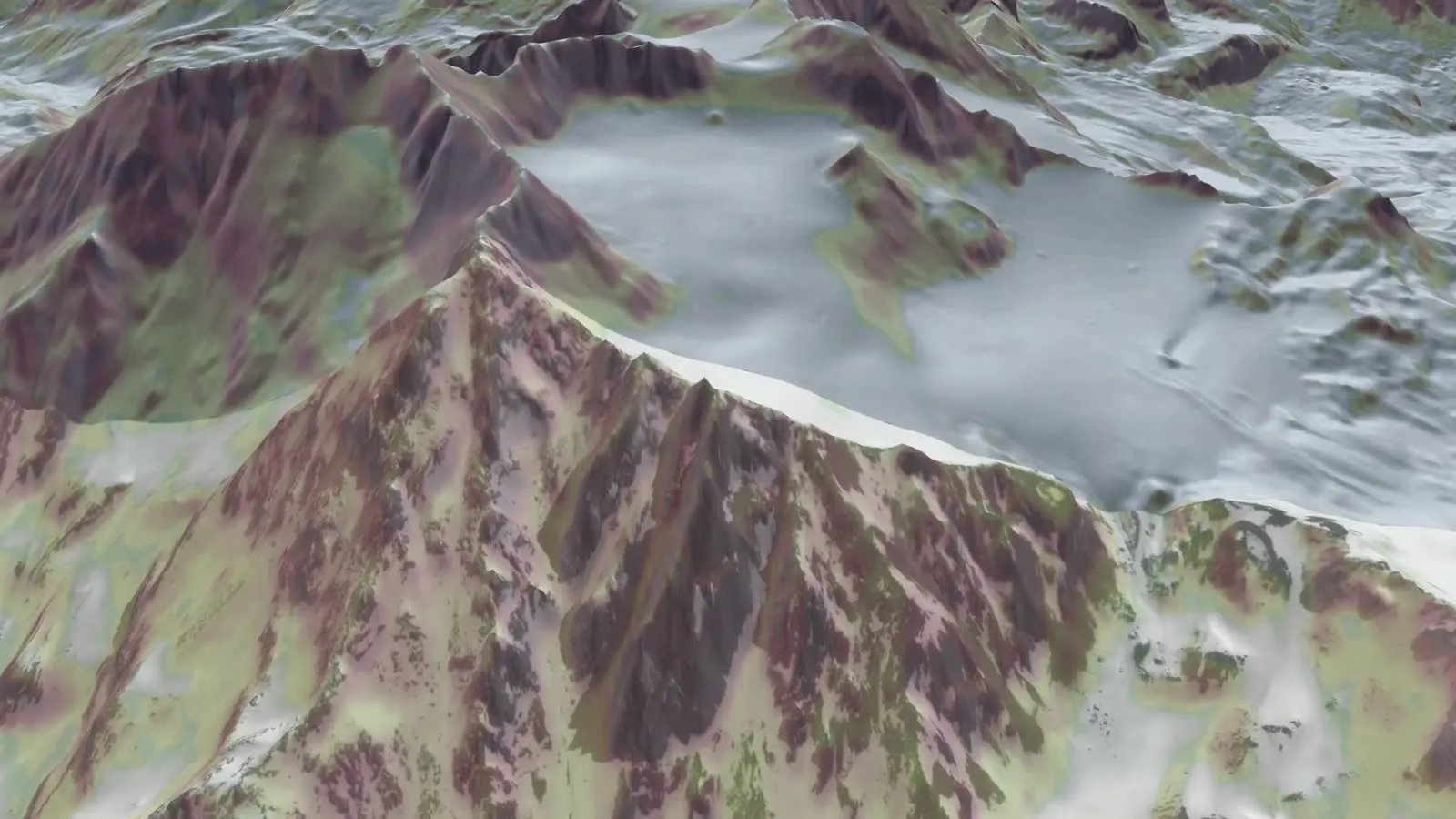 A 3D terrain render of a steep mountain ridge with a slope overlay